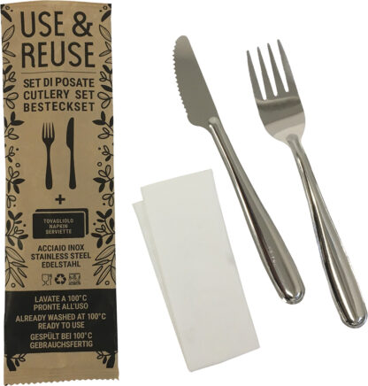Use & Reuse Besteckset 2er (Gabel+Messer) in Bestecktasche mit Serviette, 100 Stck./Pack