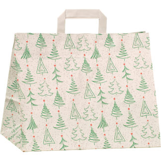 Papiertragetasche weiß Kraftp.250St/Kt. 320+215x270 mm, 90 g, "Weihnachtsbäume" (in grün)